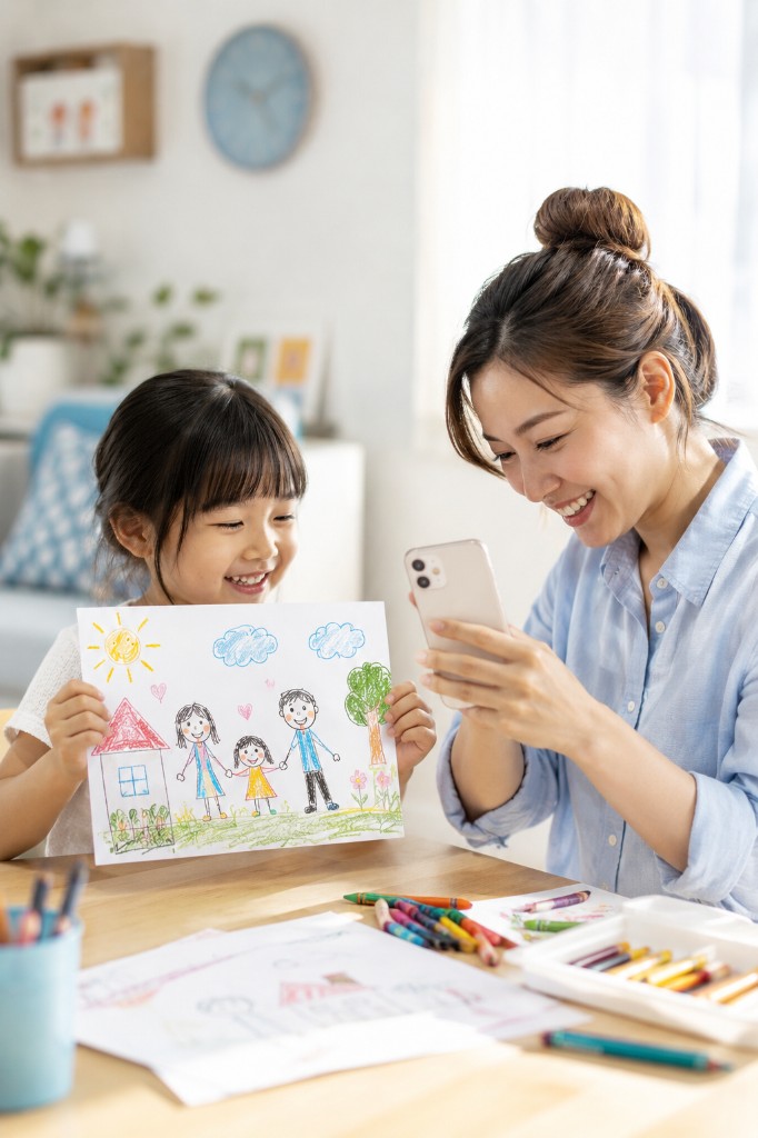 Mom and child showing hand-drawn artwork