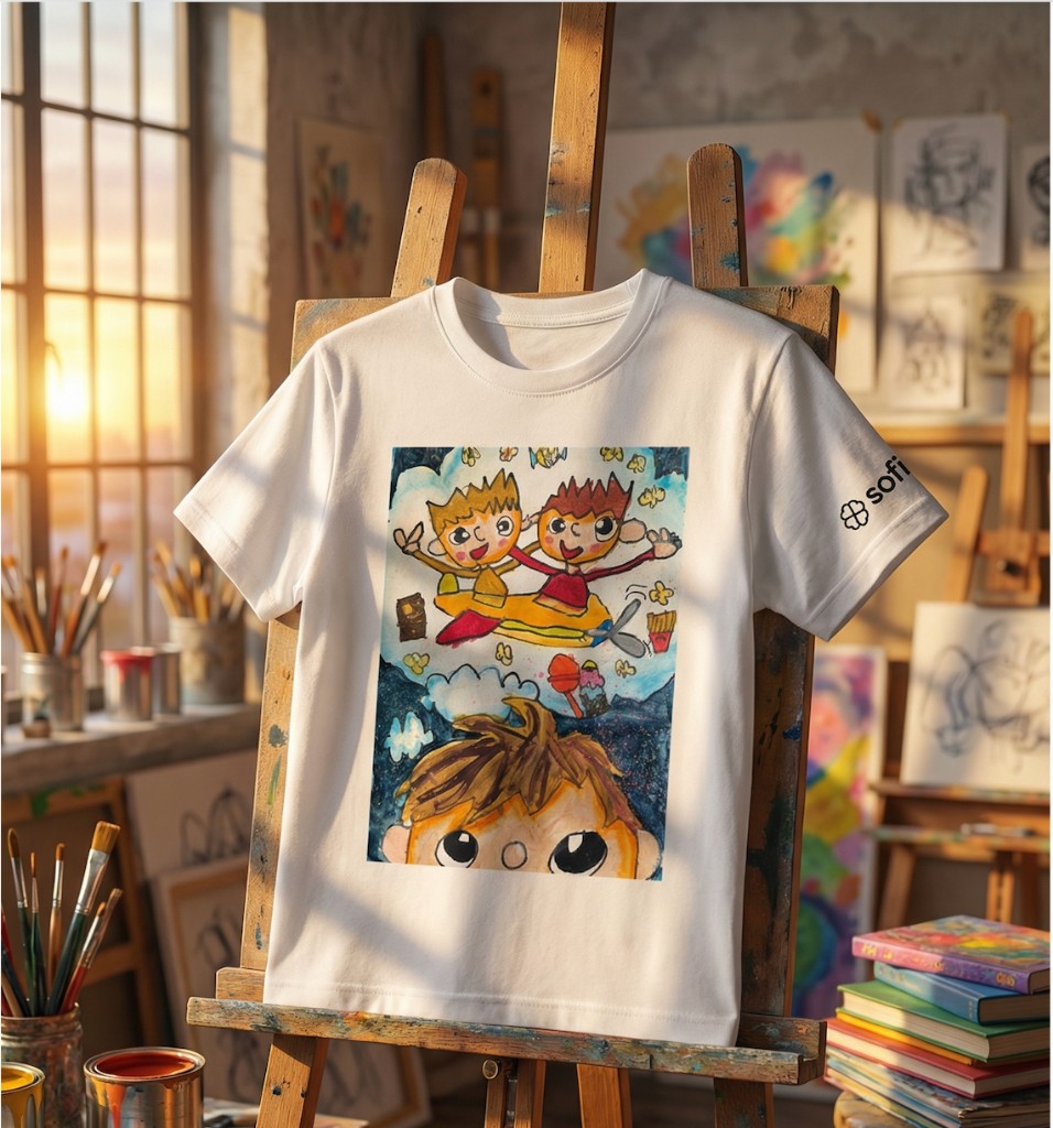 Custom white T-shirt displayed on an easel