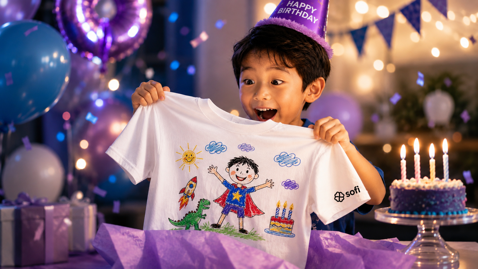 Child happily showing custom white T-shirt