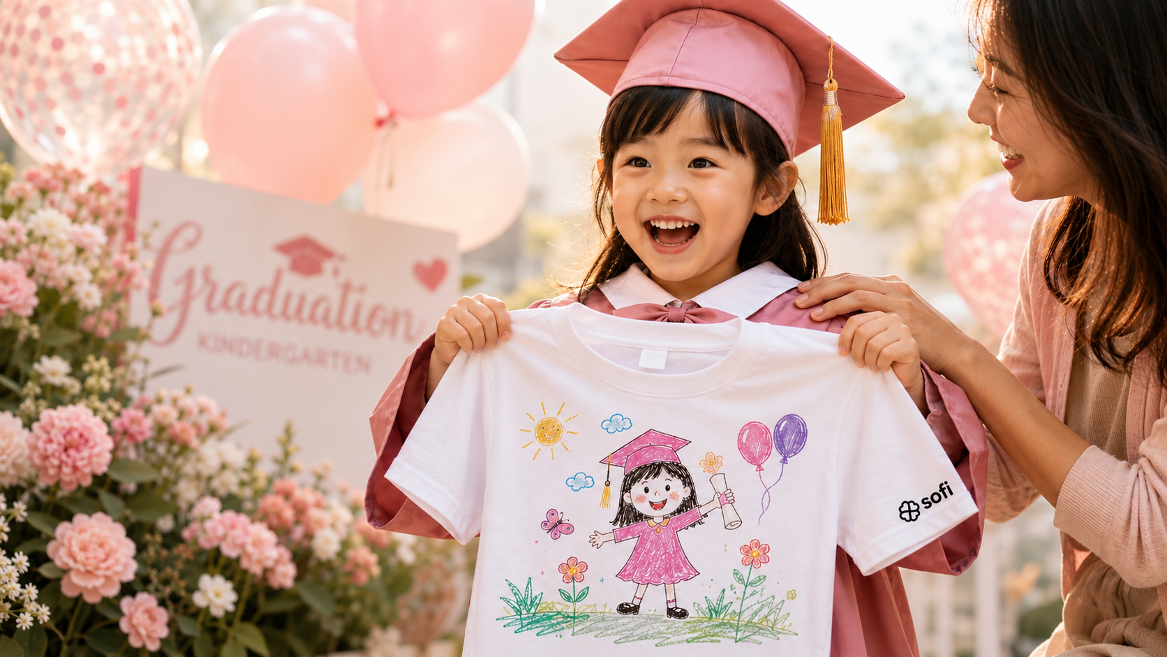 Graduation-themed child showing custom white T-shirt