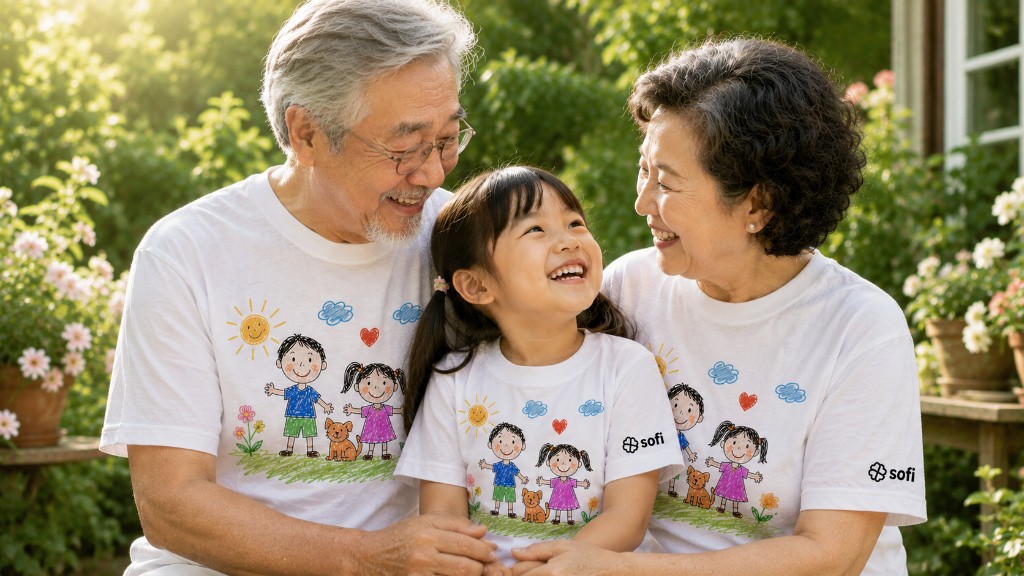 Three generations wearing matching custom white T-shirts