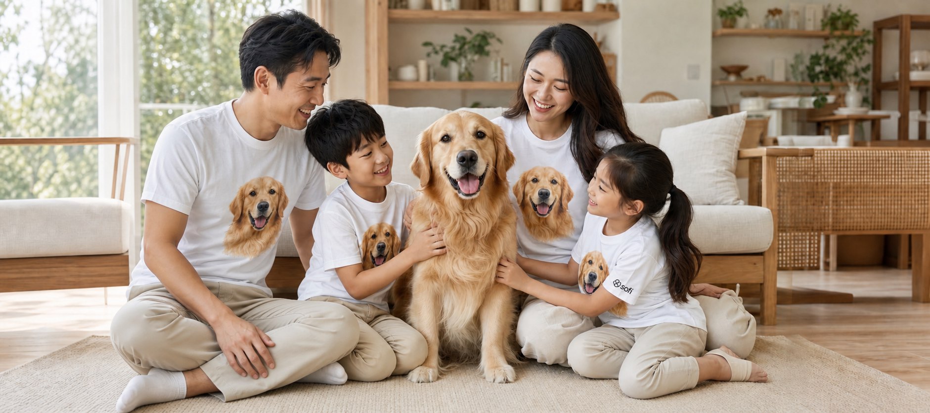 A family in matching tees printed with their golden retriever's portrait