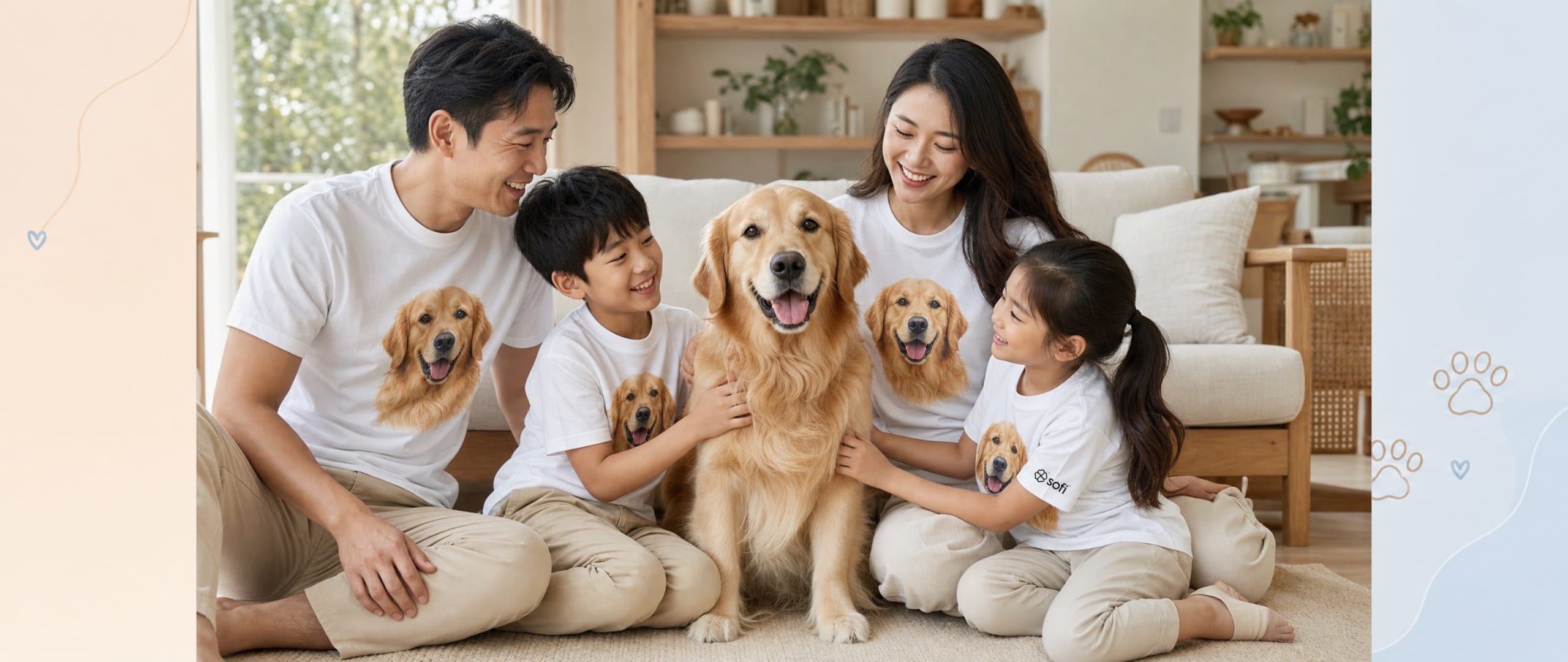 A family in matching tees printed with their golden retriever's portrait