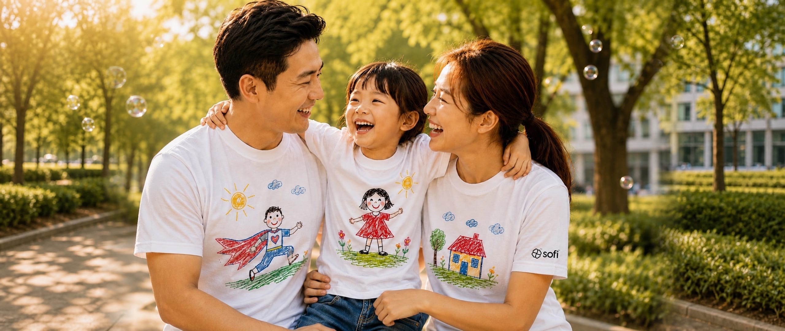Family in blue shirts with kids drawing