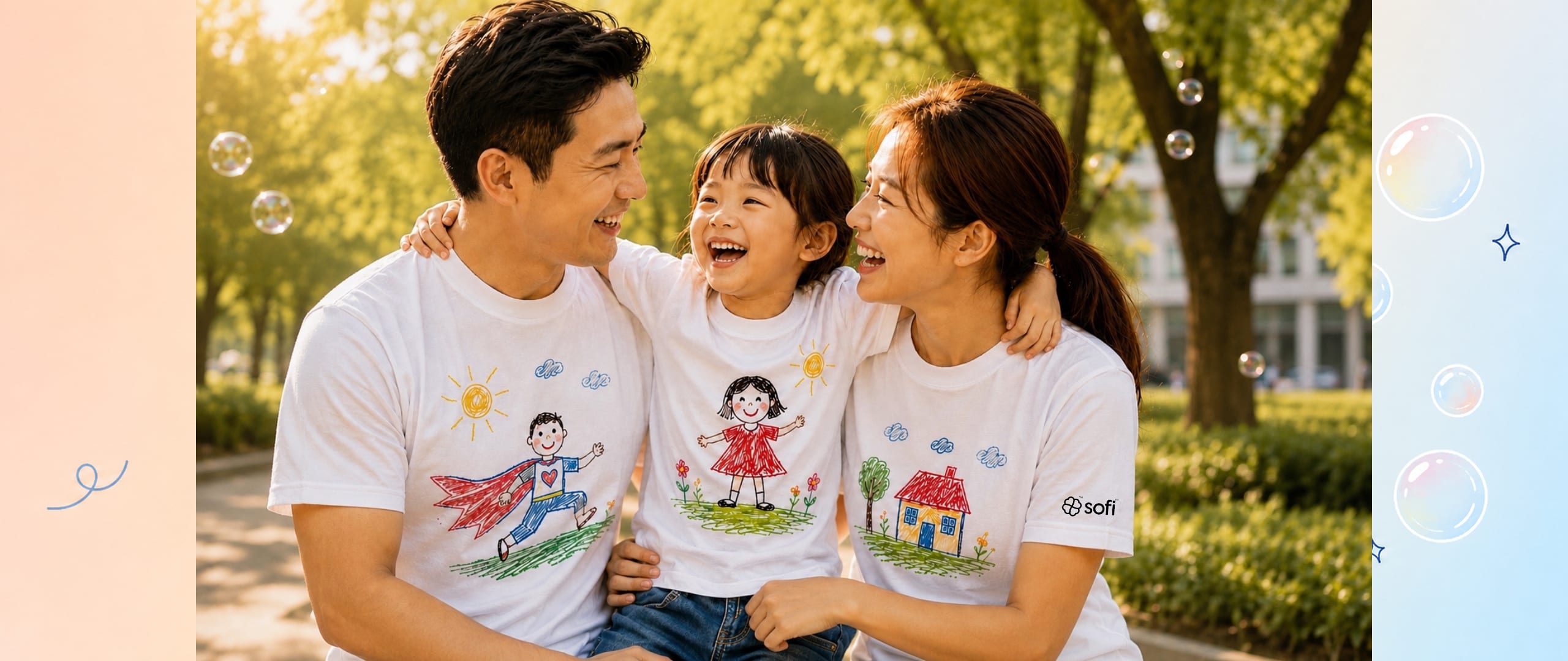 Family in blue shirts with kids drawing