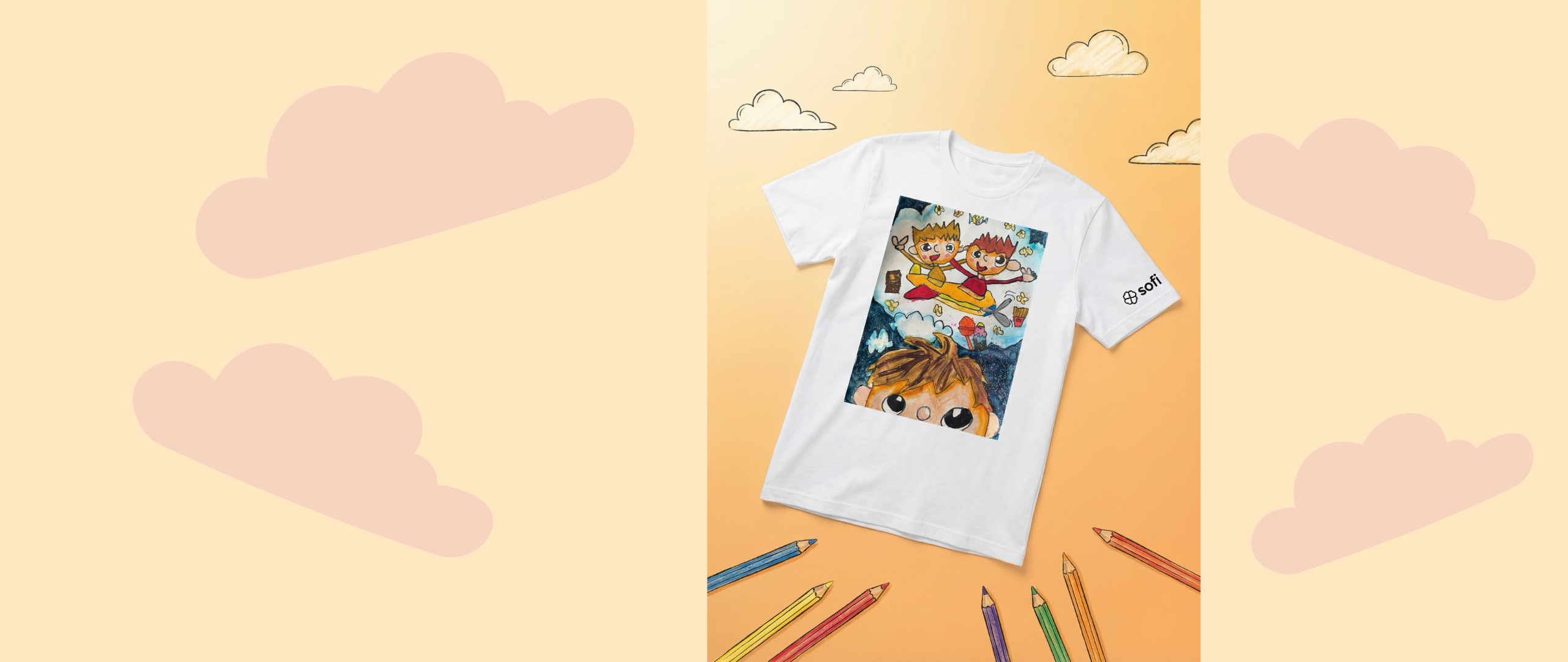 Family in blue shirts with kids drawing